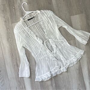 Vintage Sheer Blouse striped ruffle open front womens White (medium) y2k peasant